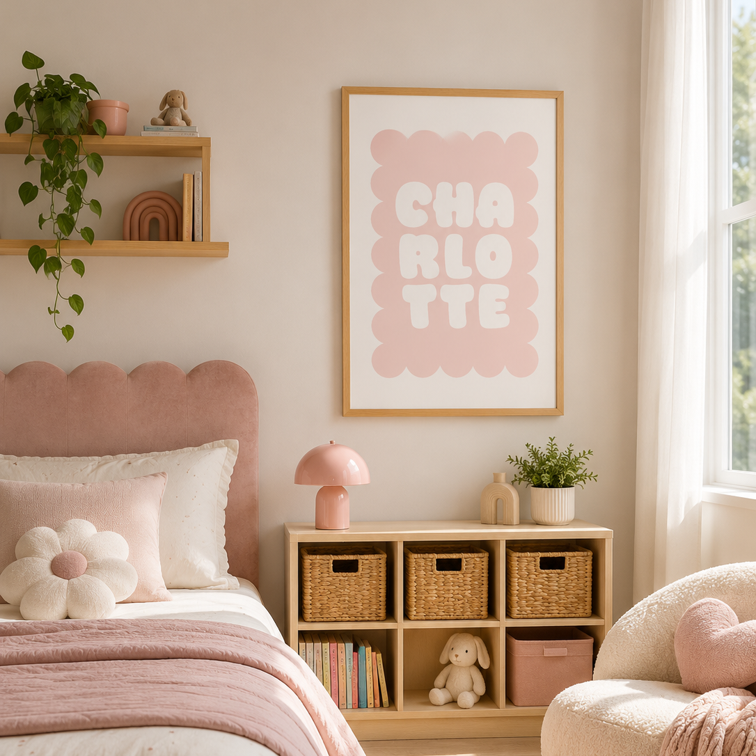 A styled children's bedroom featuring a pink scalloped bed headboard, pink bedding, a wooden cubby shelf with woven baskets, a pink lamp, and a framed poster on the wall that reads 'CHA RLOTTE'.
